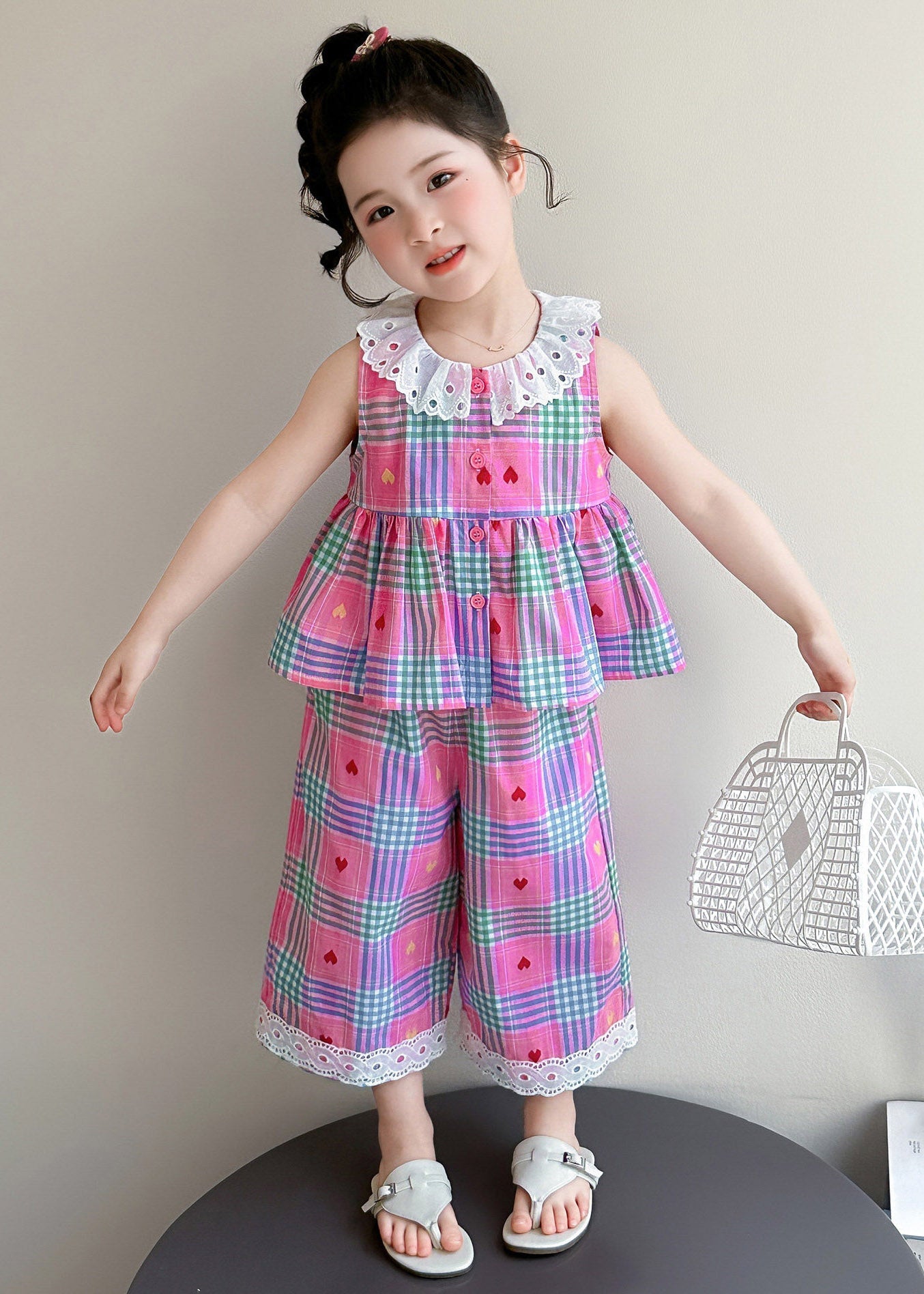 Lovely Pink Striped Patchwork Girls T Shirt And Wide Leg Pants Two Piece Set Sleeveless