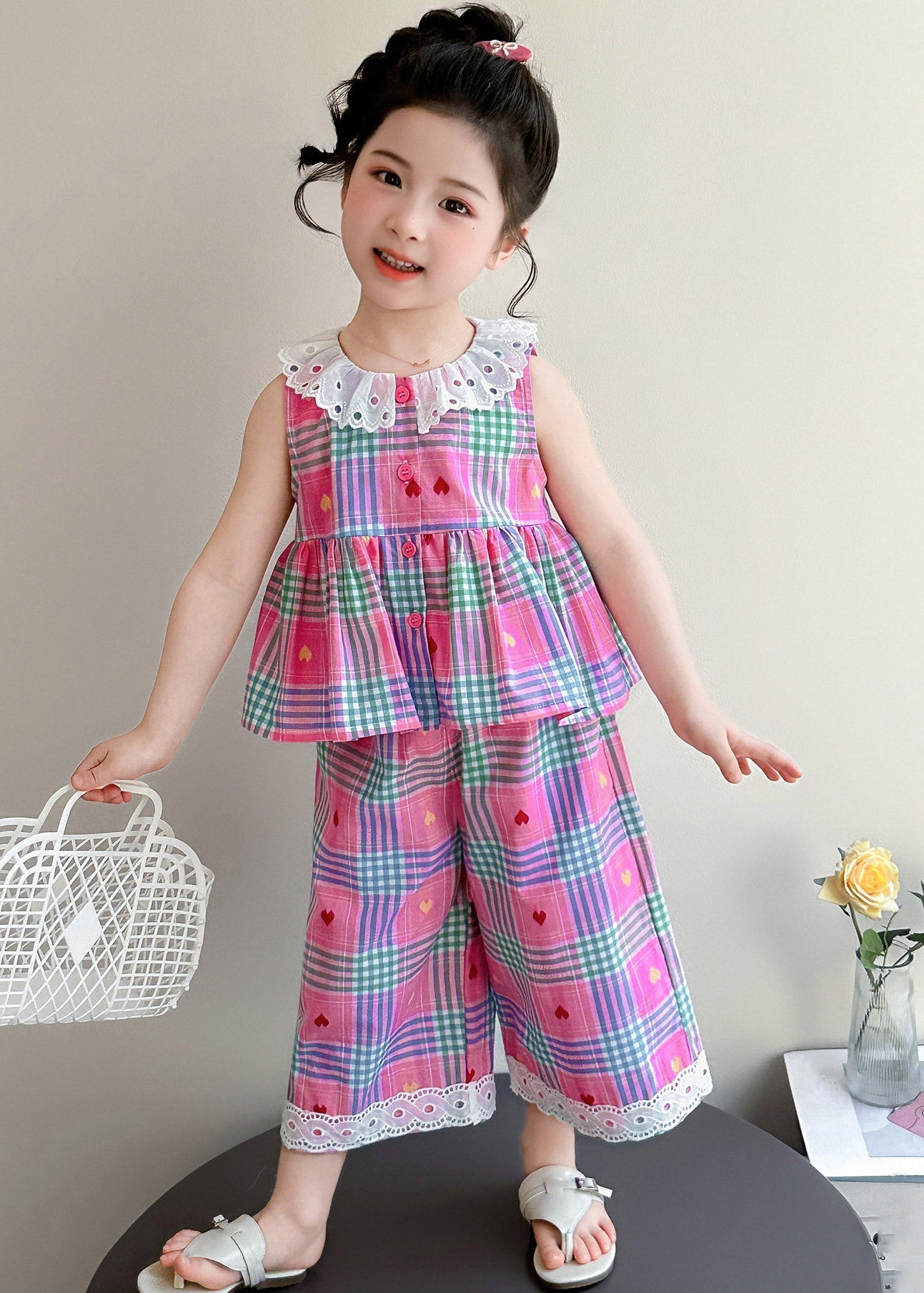Lovely Pink Striped Patchwork Girls T Shirt And Wide Leg Pants Two Piece Set Sleeveless