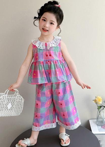 Lovely Pink Striped Patchwork Girls T Shirt And Wide Leg Pants Two Piece Set Sleeveless