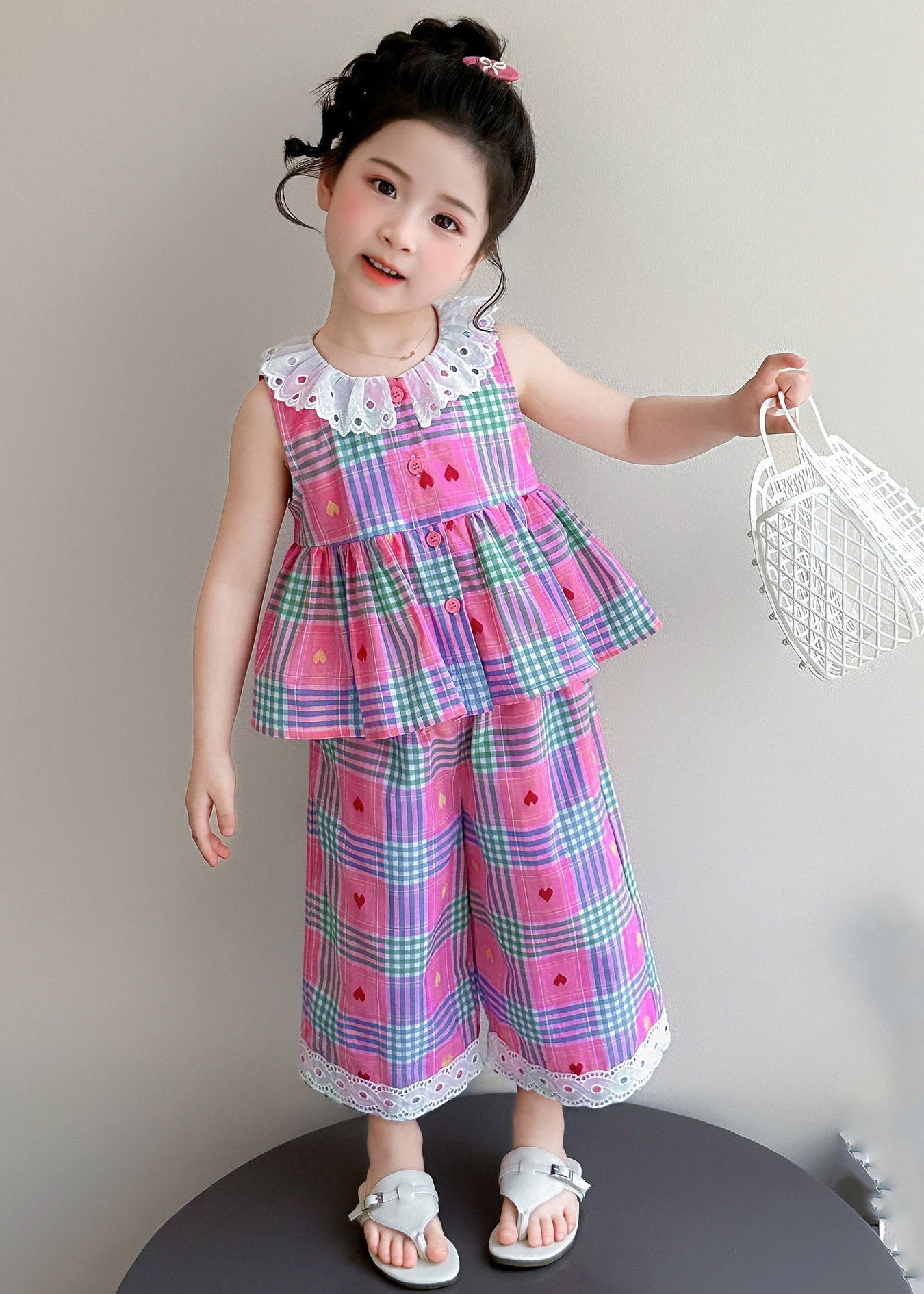 Lovely Pink Striped Patchwork Girls T Shirt And Wide Leg Pants Two Piece Set Sleeveless
