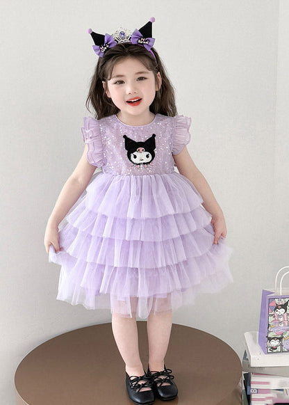 Lovely Purple O-Neck Sequins Patchwork Tulle Girls Holiday Long Cake Dress Summer