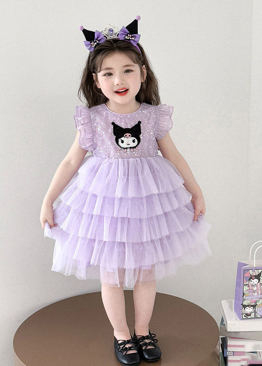 Lovely Purple O-Neck Sequins Patchwork Tulle Girls Holiday Long Cake Dress Summer