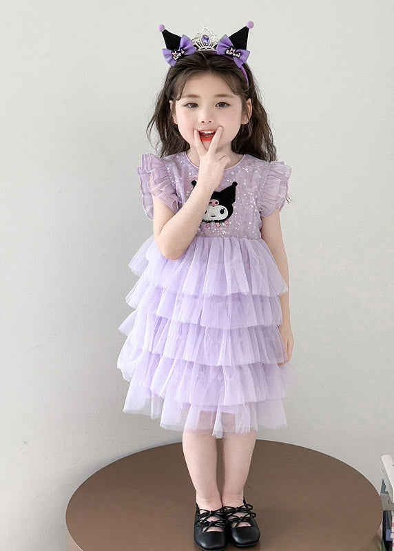 Lovely Purple O-Neck Sequins Patchwork Tulle Girls Holiday Long Cake Dress Summer