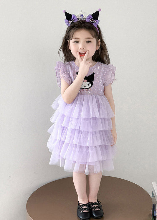 Lovely Purple O-Neck Sequins Patchwork Tulle Girls Holiday Long Cake Dress Summer