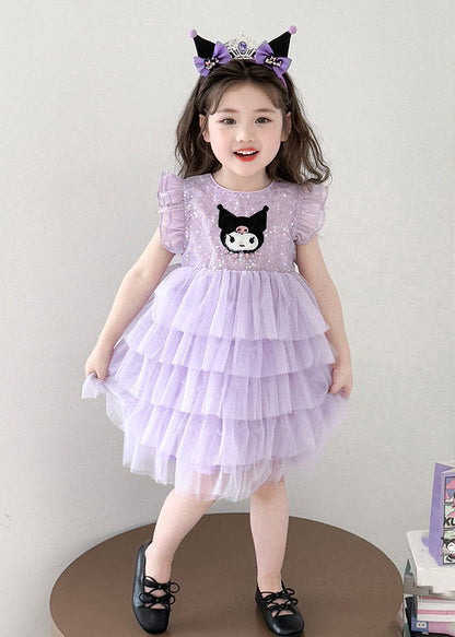 Lovely Purple O-Neck Sequins Patchwork Tulle Girls Holiday Long Cake Dress Summer
