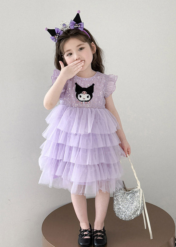 Lovely Purple O-Neck Sequins Patchwork Tulle Girls Holiday Long Cake Dress Summer