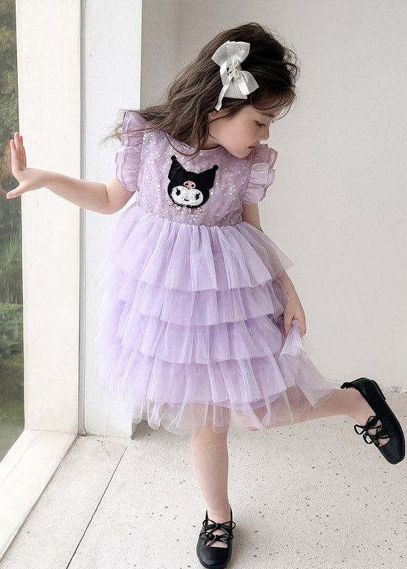 Lovely Purple O-Neck Sequins Patchwork Tulle Girls Holiday Long Cake Dress Summer