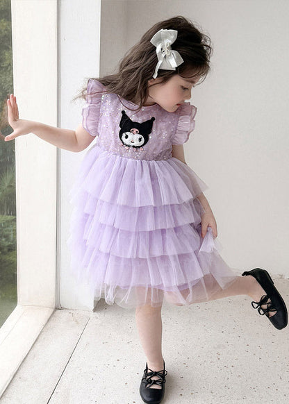 Lovely Purple O-Neck Sequins Patchwork Tulle Girls Holiday Long Cake Dress Summer
