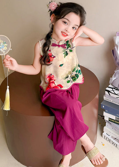 Lovely Purple Print Chinese Button Cotton Baby Girls Two Pieces Set Sleeveless