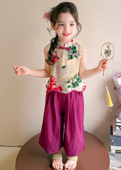 Lovely Purple Print Chinese Button Cotton Baby Girls Two Pieces Set Sleeveless