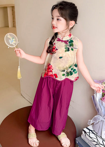Lovely Purple Print Chinese Button Cotton Baby Girls Two Pieces Set Sleeveless