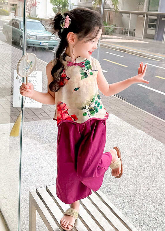 Lovely Purple Print Chinese Button Cotton Baby Girls Two Pieces Set Sleeveless