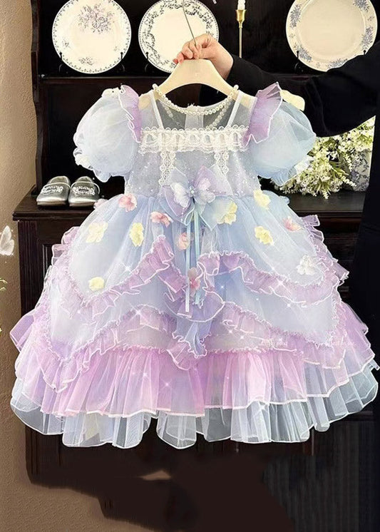 Lovely Purple V Neck Floral Tulle Girls Maxi Dress Short Sleeve
