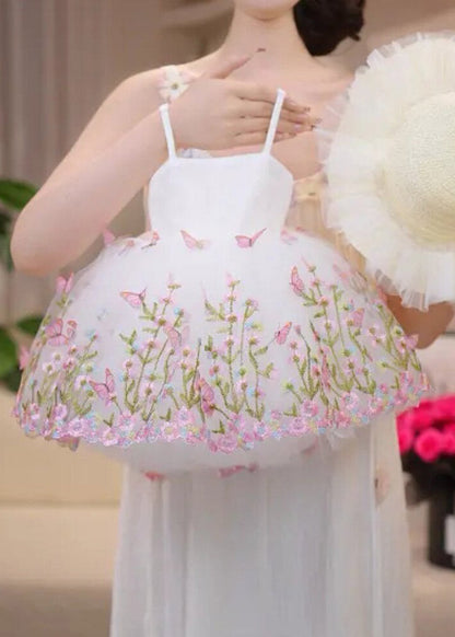 Lovely White Embroideried Floral Tulle Girls Spaghetti Strap Dress Summer