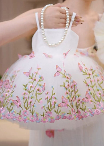 Lovely White Embroideried Floral Tulle Girls Spaghetti Strap Dress Summer