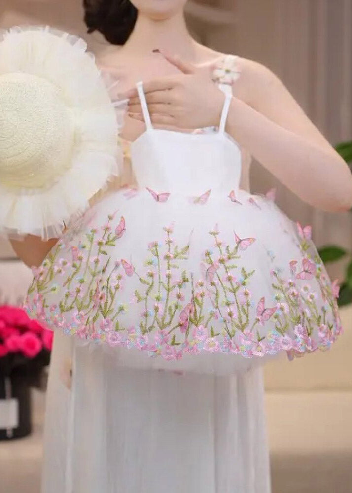 Lovely White Embroideried Floral Tulle Girls Spaghetti Strap Dress Summer