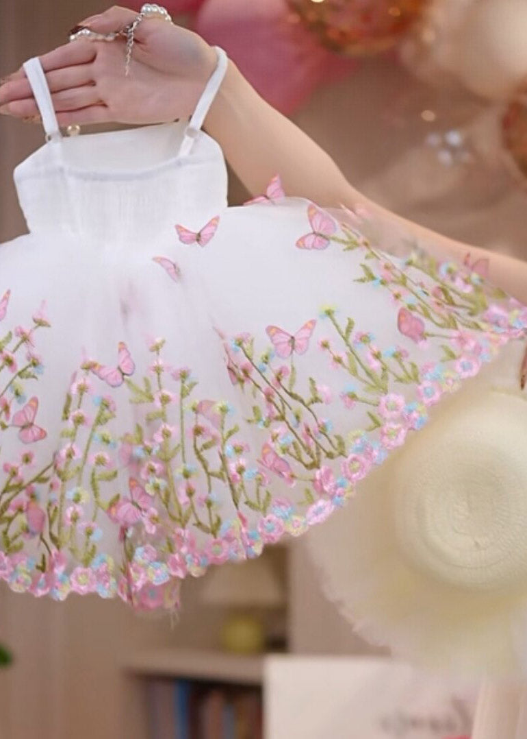 Lovely White Embroideried Floral Tulle Girls Spaghetti Strap Dress Summer