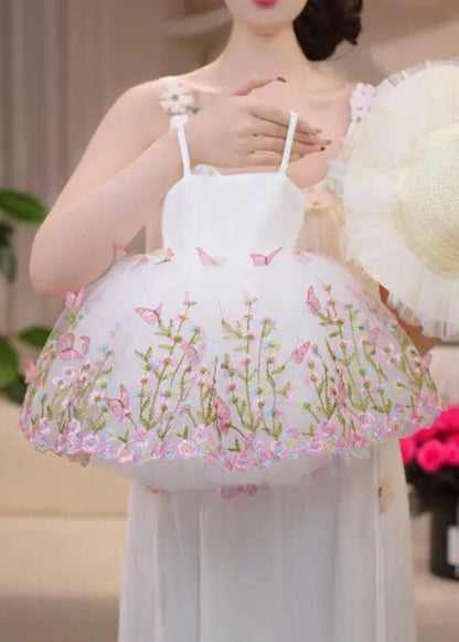 Lovely White Embroideried Floral Tulle Girls Spaghetti Strap Dress Summer