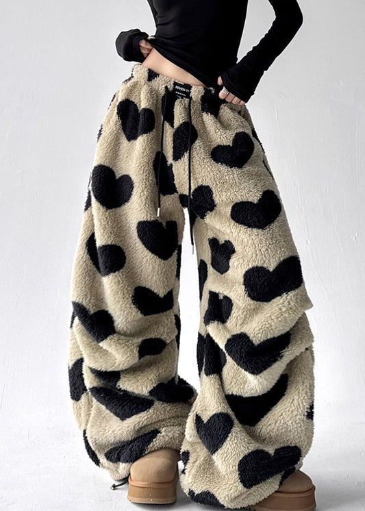 Loving Heart Pockets Fluffy Winter Wide Leg Pants Drawstring