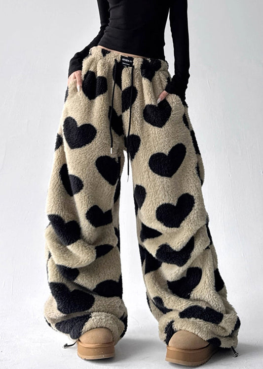 Loving Heart Pockets Fluffy Winter Wide Leg Pants Drawstring