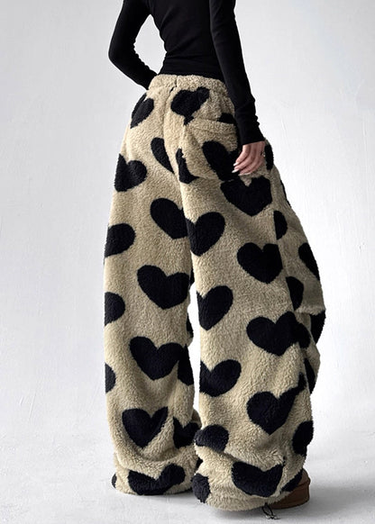 Loving Heart Pockets Fluffy Winter Wide Leg Pants Drawstring