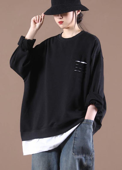 Luxury Black Patchwork Pullover Streetwear Tops - SooLinen