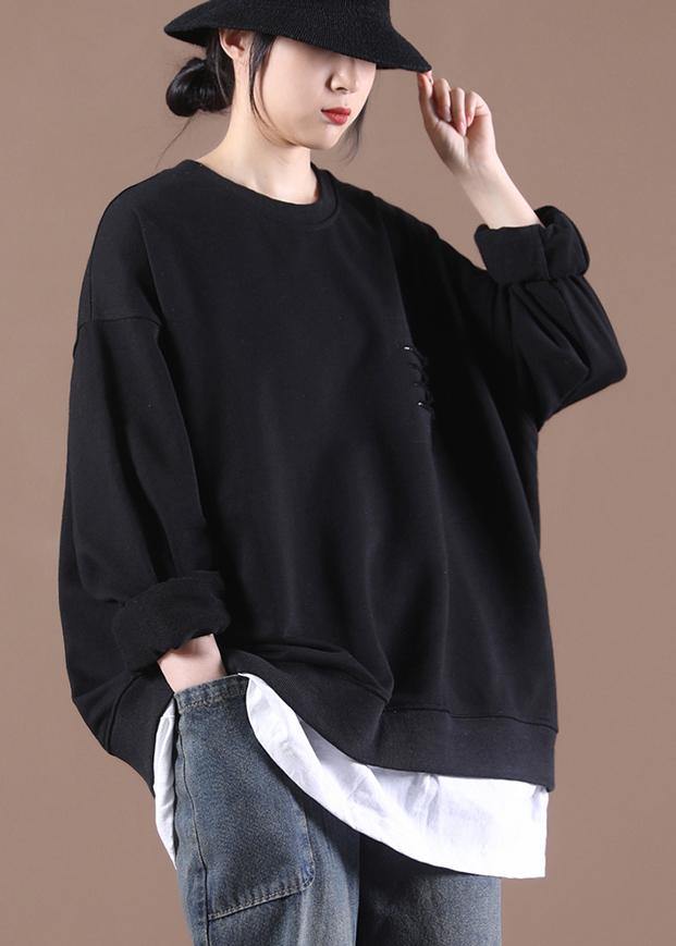 Luxury Black Patchwork Pullover Streetwear Tops - SooLinen