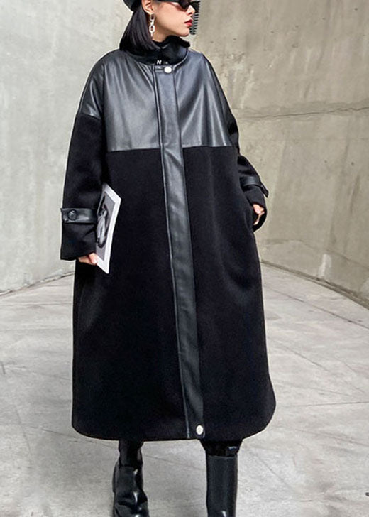 Luxus Schwarz Woolen Patchwork PU reißverschluss Winter Baumwolle Frauen Mäntel