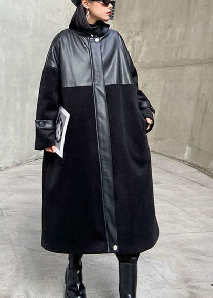 Luxus Schwarz Woolen Patchwork PU reißverschluss Winter Baumwolle Frauen Mäntel