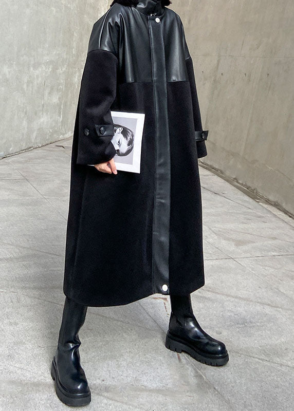 Luxus Schwarz Woolen Patchwork PU reißverschluss Winter Baumwolle Frauen Mäntel