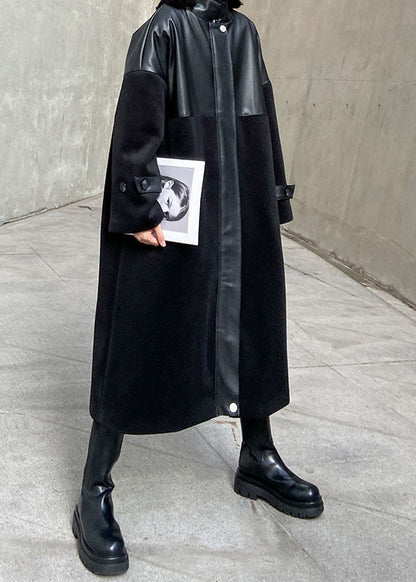 Luxus Schwarz Woolen Patchwork PU reißverschluss Winter Baumwolle Frauen Mäntel