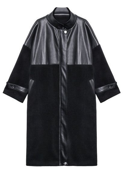 Luxus Schwarz Woolen Patchwork PU reißverschluss Winter Baumwolle Frauen Mäntel