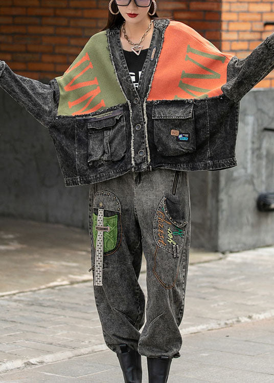 Luxus Denim Fledermausflügelärmel Patchwork Strick Knopftaschen Herbstmantel