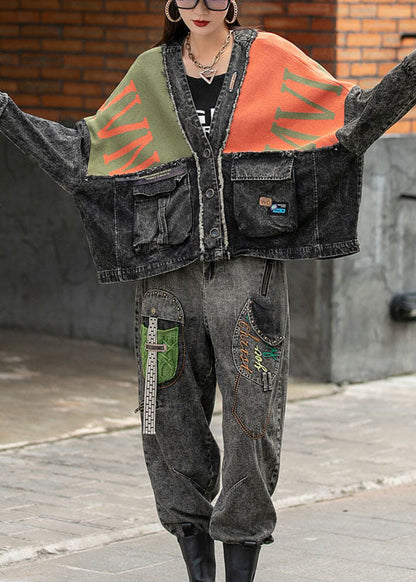 Luxus Denim Fledermausflügelärmel Patchwork Strick Knopftaschen Herbstmantel