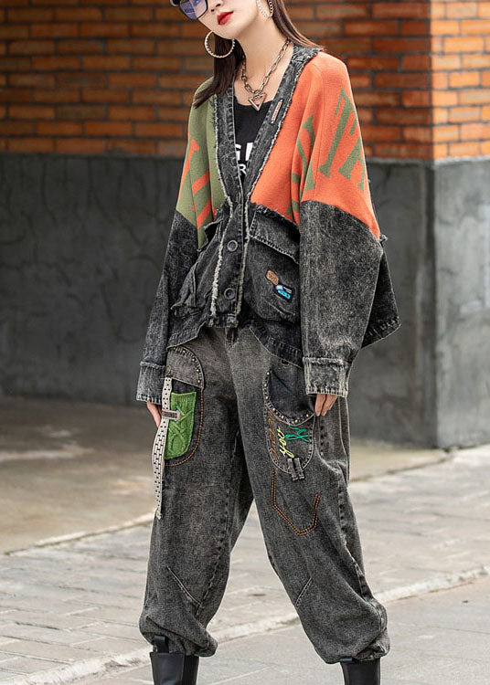 Luxus Denim Fledermausflügelärmel Patchwork Strick Knopftaschen Herbstmantel