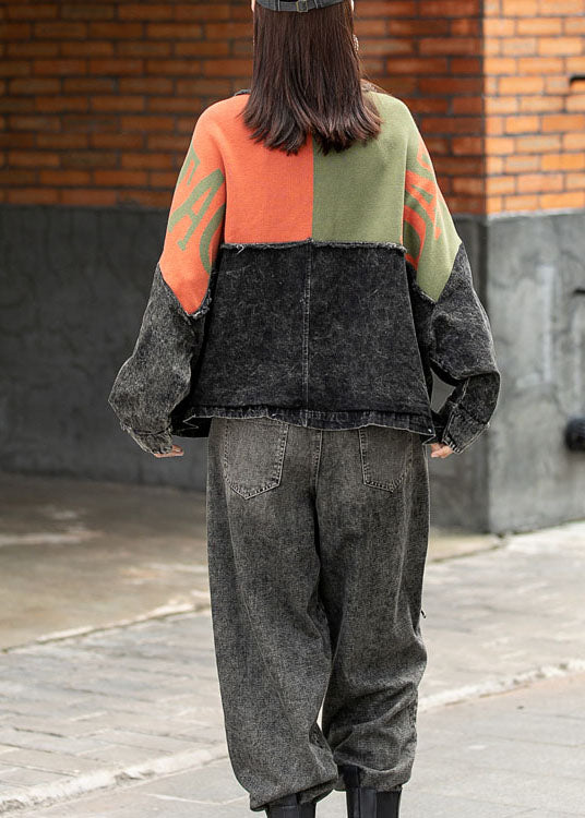 Luxus Denim Fledermausflügelärmel Patchwork Strick Knopftaschen Herbstmantel