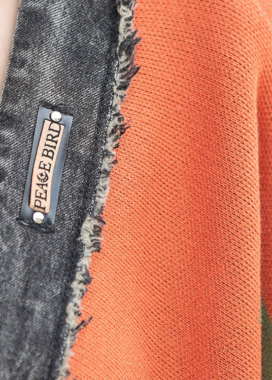 Luxus Denim Fledermausflügelärmel Patchwork Strick Knopftaschen Herbstmantel