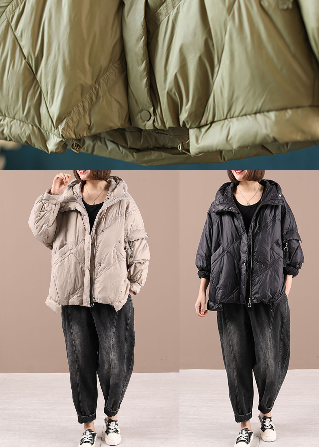 Luxus Khaki Loose Zippered Winter Duck Down Langarm Daunenmantel