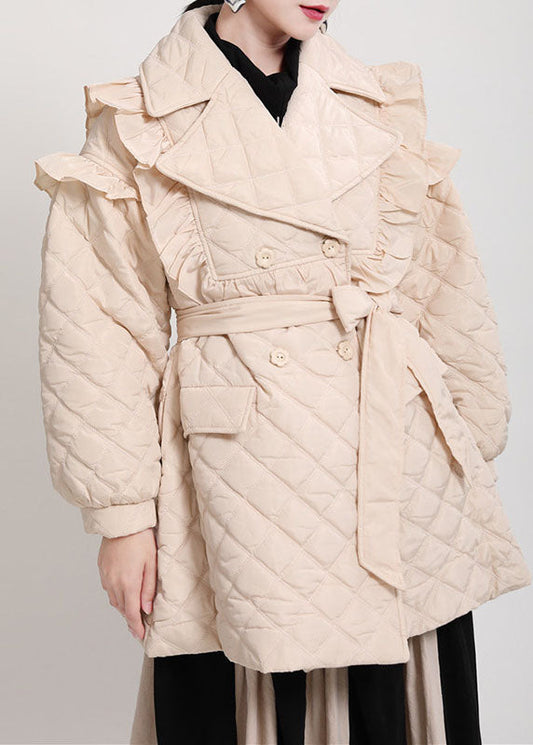 Luxus Khaki Taschen Knopf Rüschen Krawatte Taille Winter Baumwolle Parka Lange Ärmel