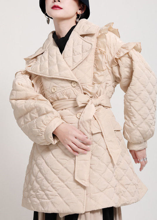 Luxury Khaki Pockets Button Ruffled tie waist Winter Cotton parka Long sleeve