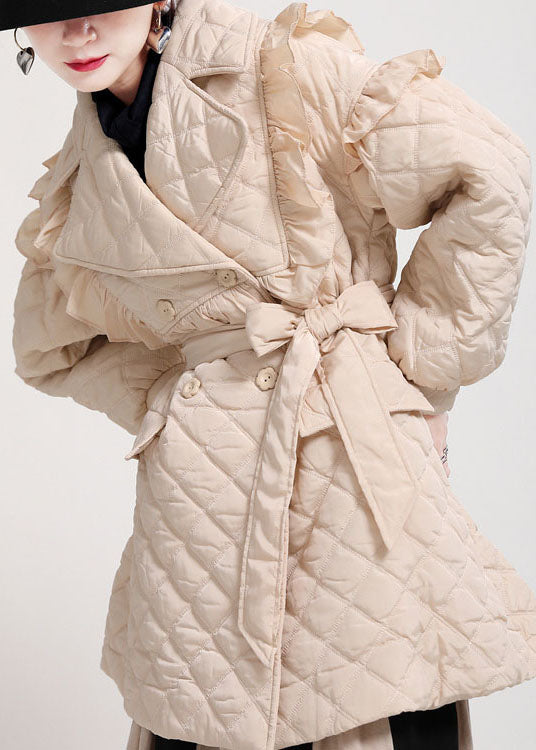 Luxury Khaki Pockets Button Ruffled tie waist Winter Cotton parka Long sleeve