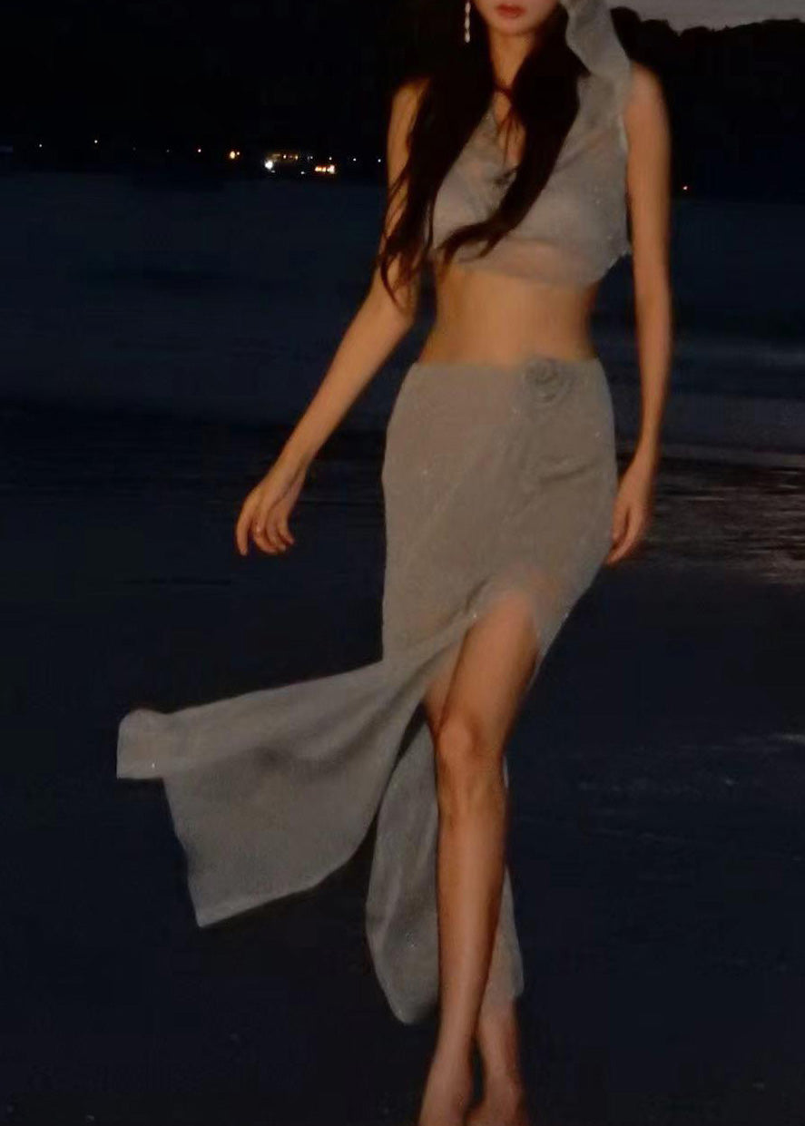 Luxuriöses Dessous-Set aus kurzem, grauem Pailletten-Kapuzentop und Maxirock