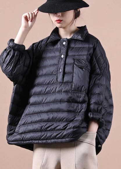 Luxury Loose fitting down jacket Jackets black lapel pockets duck down coat - SooLinen