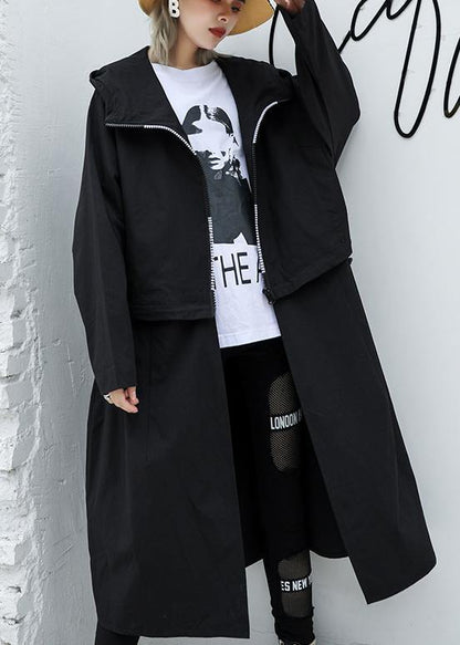 Luxury Loose fitting long hooded outwear black patchwork pockets coats - SooLinen