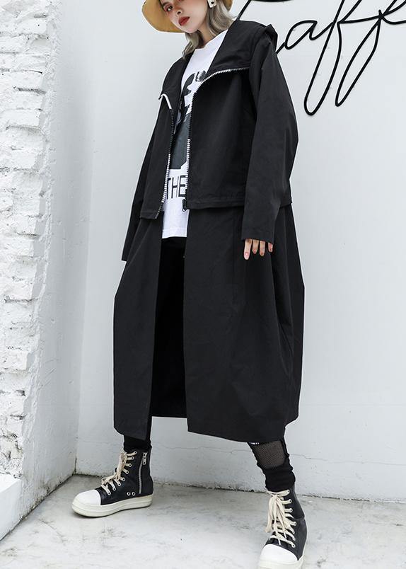 Luxury Loose fitting long hooded outwear black patchwork pockets coats - SooLinen
