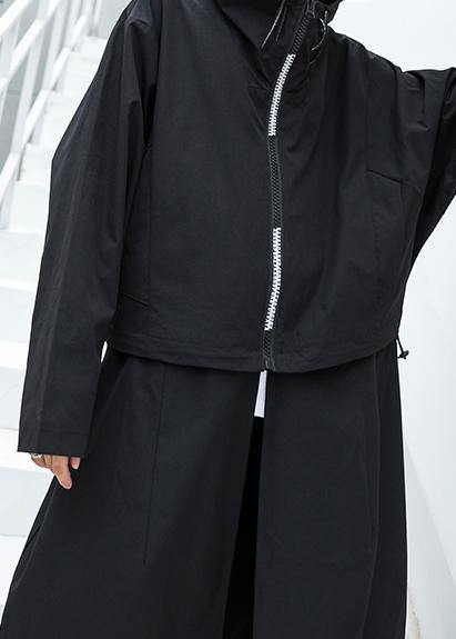 Luxury Loose fitting long hooded outwear black patchwork pockets coats - SooLinen