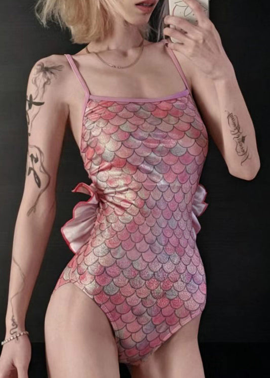 Luxury Pink Mermaid Ruffled Swimwear Bodysuit Tops