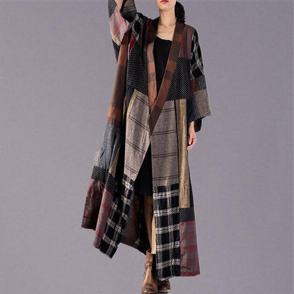 Luxuriöser, karierter Langmantel in Übergröße mit V-Ausschnitt, Baggy-Trenchcoat, Boutique-Patchwork-Langjacke mit Taillenbund