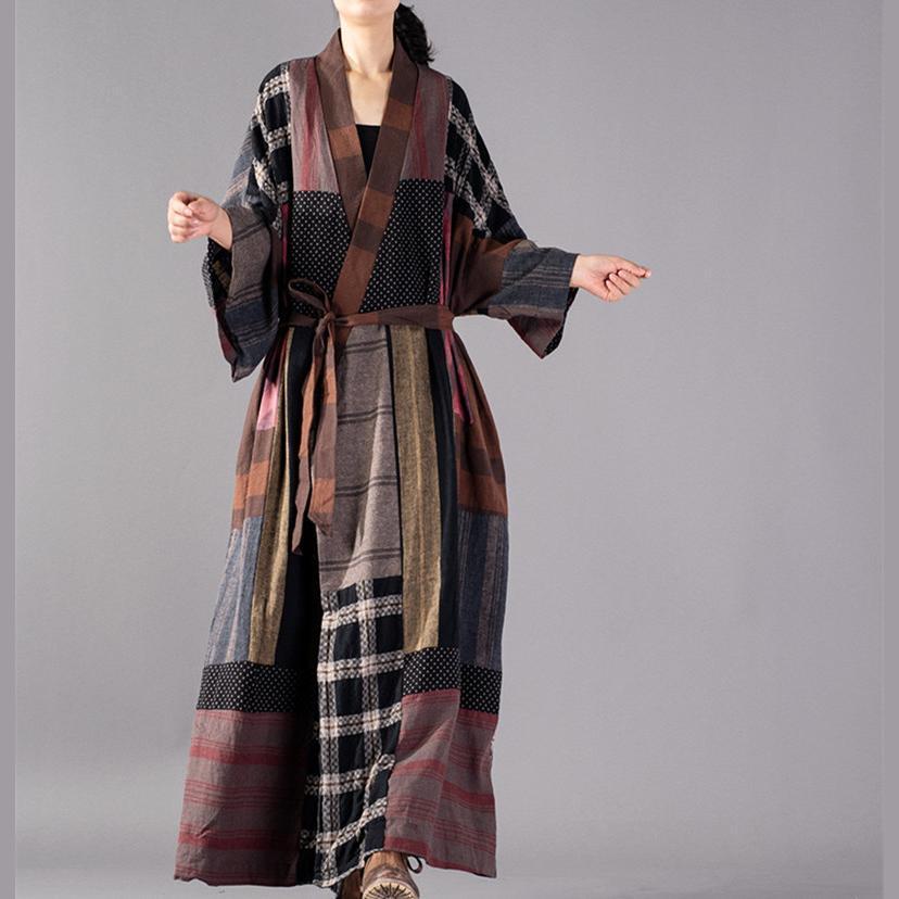 Luxuriöser, karierter Langmantel in Übergröße mit V-Ausschnitt, Baggy-Trenchcoat, Boutique-Patchwork-Langjacke mit Taillenbund