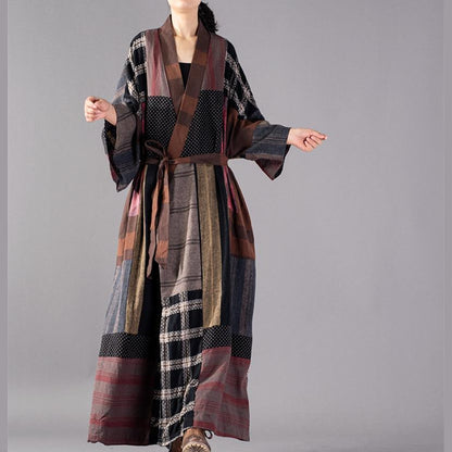 Luxuriöser, karierter Langmantel in Übergröße mit V-Ausschnitt, Baggy-Trenchcoat, Boutique-Patchwork-Langjacke mit Taillenbund